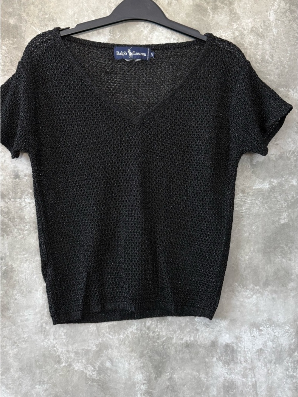 Ralph Lauren Black Open-Knit Short Sleeve V-Neck Top (Love 19)